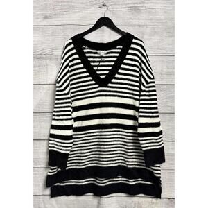 Black and White Striped V-Neck Sweater